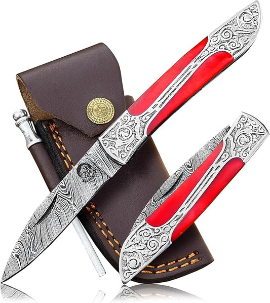 3Pcs Damascus Steel Pocket Knife with Clip and Leather Sheath - EDC Knife for Outdoor and Camping Activities, Handmade Folding Knife, Free knife Sharpner (Vulture Red Eye)