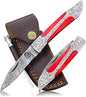 3Pcs Damascus Steel Pocket Knife with Clip and Leather Sheath - EDC Knife for Outdoor and Camping Activities, Handmade Folding Knife, Free knife Sharpner (Vulture Red Eye)