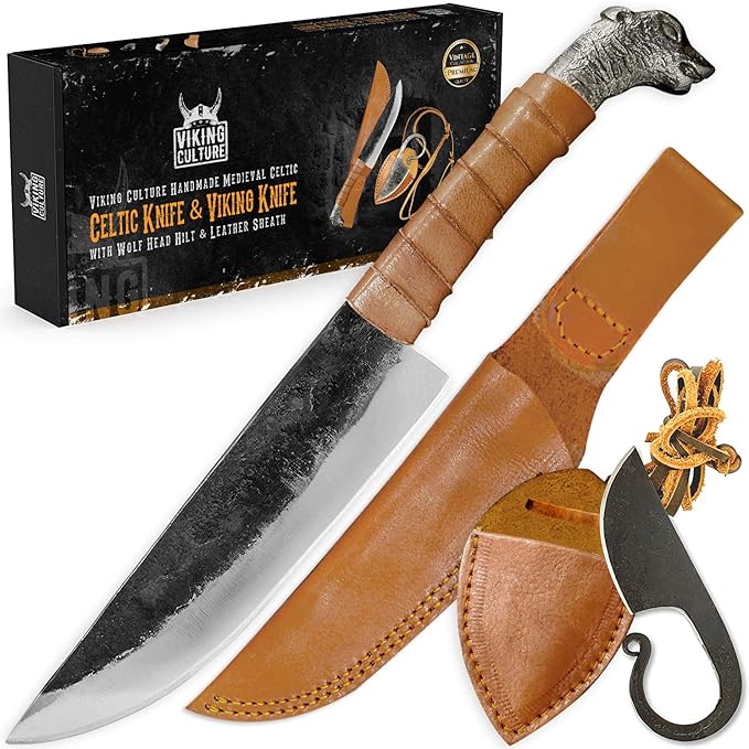 2-Piece Viking knife Set - 10.3" Wolf-Head Viking Knife with 6.5" Blade & Leather Sheath - 3" Celtic Pocket Knife with Necklace Case - Sharp Hand-Forged Real Carbon Steel