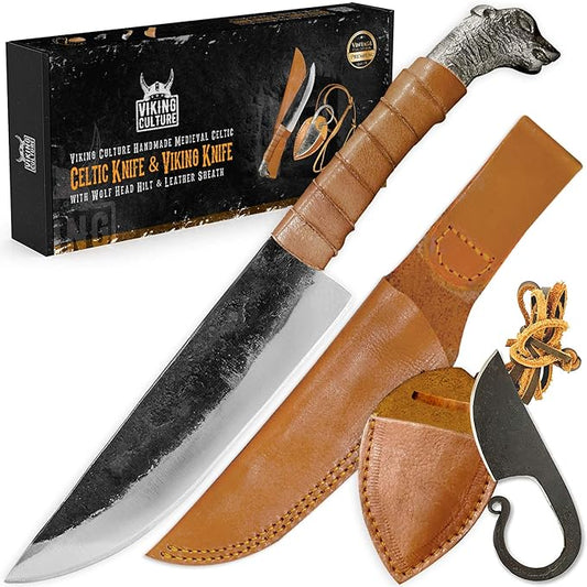 2-Piece Viking knife Set - 10.3" Wolf-Head Viking Knife with 6.5" Blade & Leather Sheath - 3" Celtic Pocket Knife with Necklace Case - Sharp Hand-Forged Real Carbon Steel