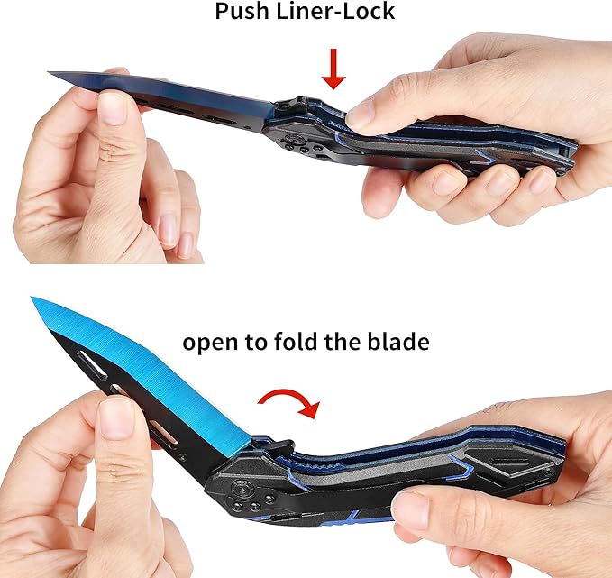 3.3" Pocket Knife, Folding Knife, 8Cr15MoV Stainless Steels Blade, Aluminum Alloy Handle, Blue Devil Design, 2024 Outdoor Gadget Gift