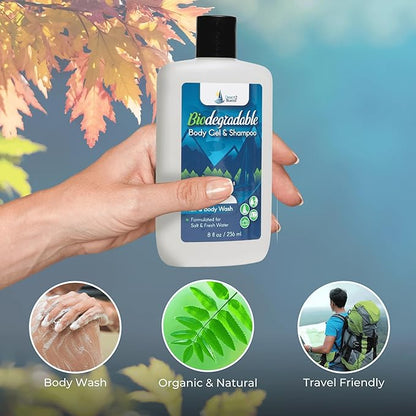 Biodegradable Camping Companion - Organic Fragrance-Free Body Wash and Shampoo for Fresh & Salt Water, Travel Size, Forumalted for Nature