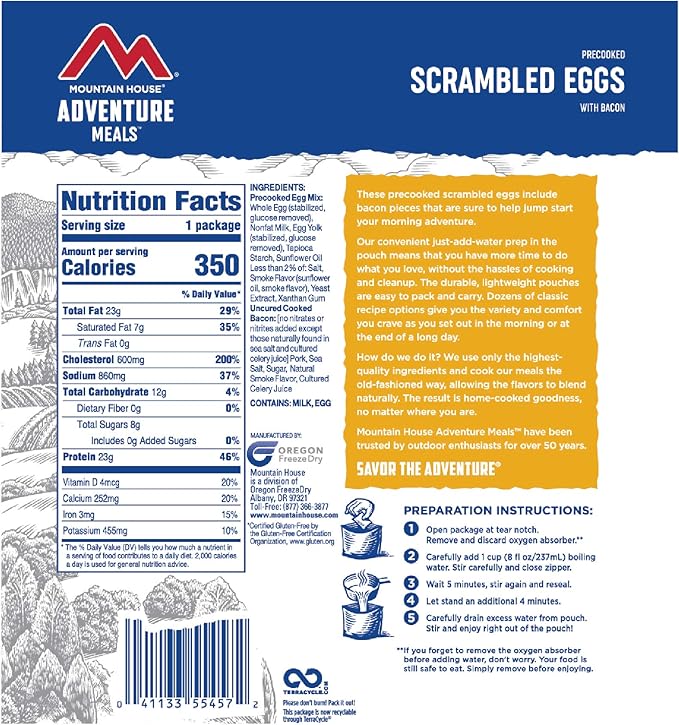 Mountain House Scrambled Eggs with Bacon | Freeze Dried Backpacking & Camping Food | Single Serving | Gluten-Free