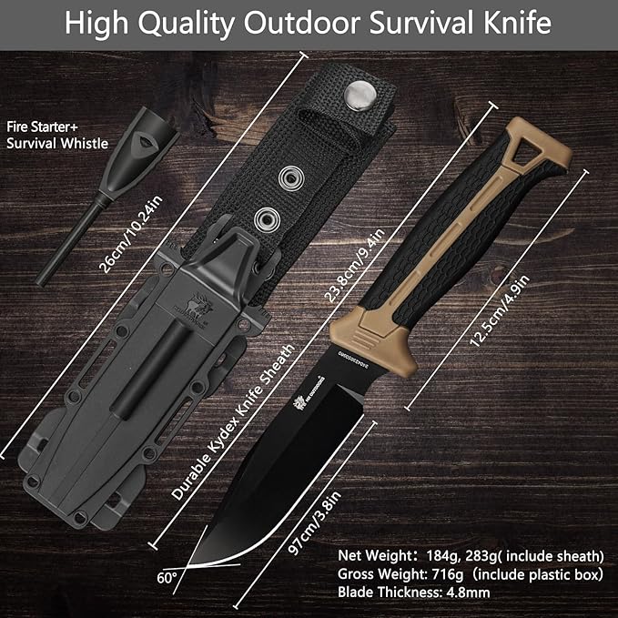HX OUTDOORS Extra Sharp Bushcraft Knife with Fire Starter, Premium D2 Steel Fixed Blade Survival Camping Knife with Plastic Sheath for Outdoor, Hiking, Backpacking (Brown)