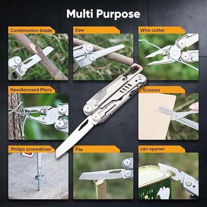 15-in-1 Multitool - Stainless Steel Pocket Knife with Nylon Sheath, Utility Tool for Camping, Hiking, and More, Multi-Functional Design with Secure Locking and Ergonomic Grip