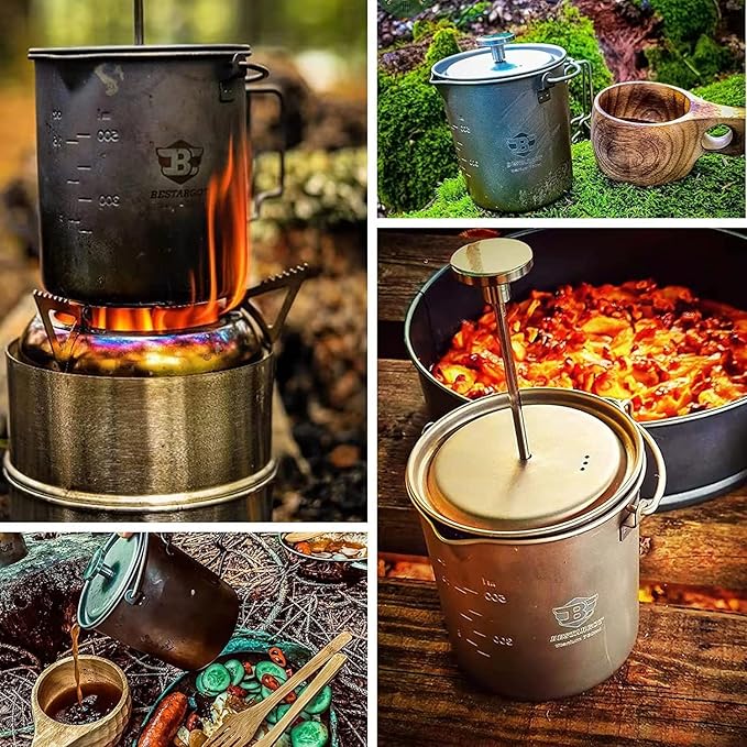 Bestargot Camping Titanium Pot, French Press Coffee Maker, Camp Cooking Pot with Light Wood knob, 750ml Camping Cup for Camping Hiking Backpacking, Capacity 25 Fl Oz
