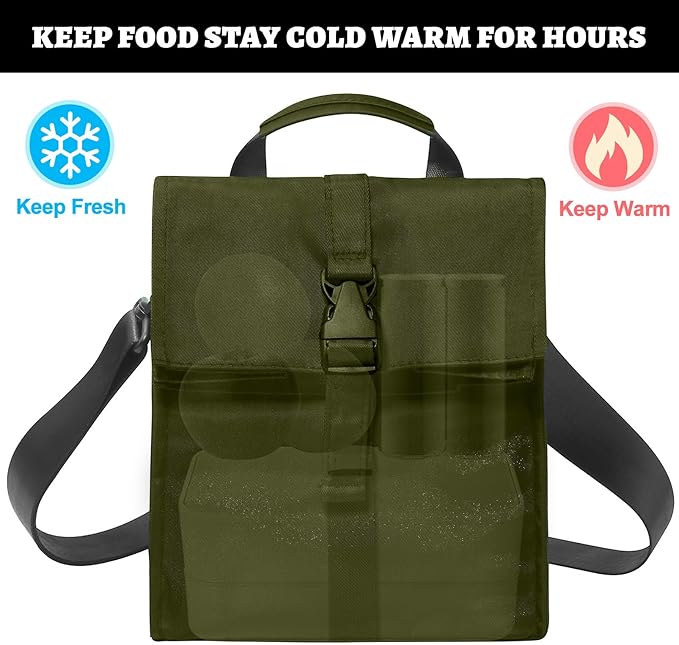 Insulated Foldable Lunch Bag- Lightweight Portable with Adjustable Shoulder Strap Lunch Box for Men, Women, Office, Work, Picnic, Hiking and Beach (Army Green(Soft Fabric))