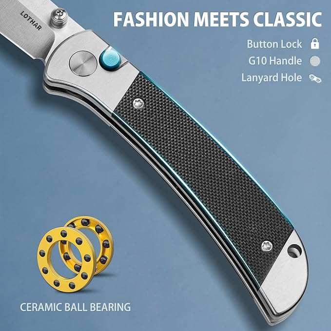 LOTHAR Falcon Pocket Knife, 2.98" 14C28N Steel Blade EDC Knife, G10 Handle, Pocket Folding Knife with Clip, Button Lock Knife, Gifts Pocket Knife for Men Women