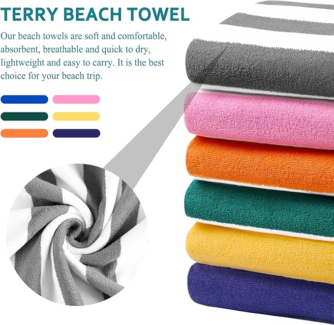 4 Packs Oversized Stripe Beach Towel Thin Terry with Towel Bands Set XL Extra Large Big Clearance Pool Travel Accessories Essentials Soft Absorbent Swim Bath Towels Bulk Men Women Adults Gift Grey