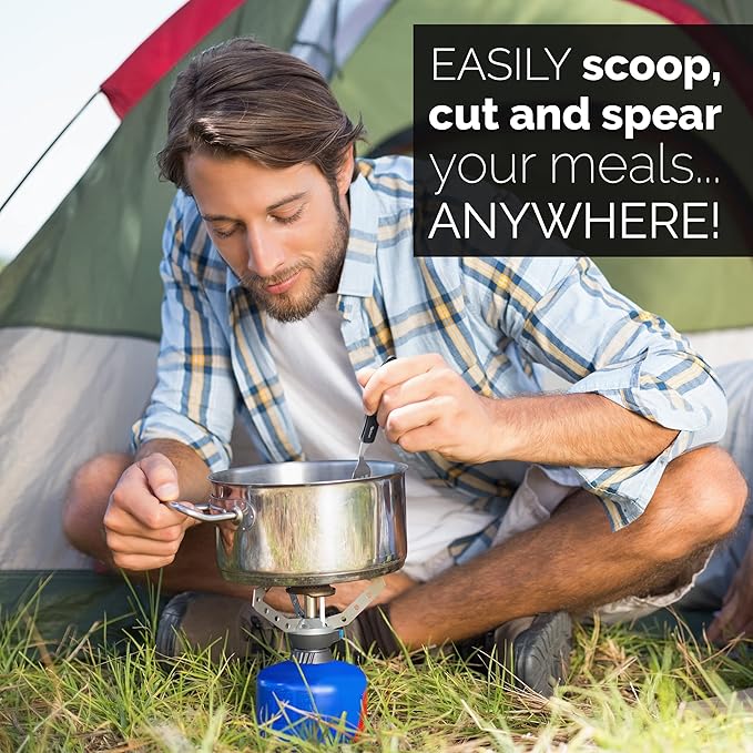Orblue 4-in-1 Camping Utensils, 2-Pack - Portable Stainless Steel Spoon, Fork, Knife & Bottle Opener Combo Set - Travel, Backpacking Cutlery Multitool, Green