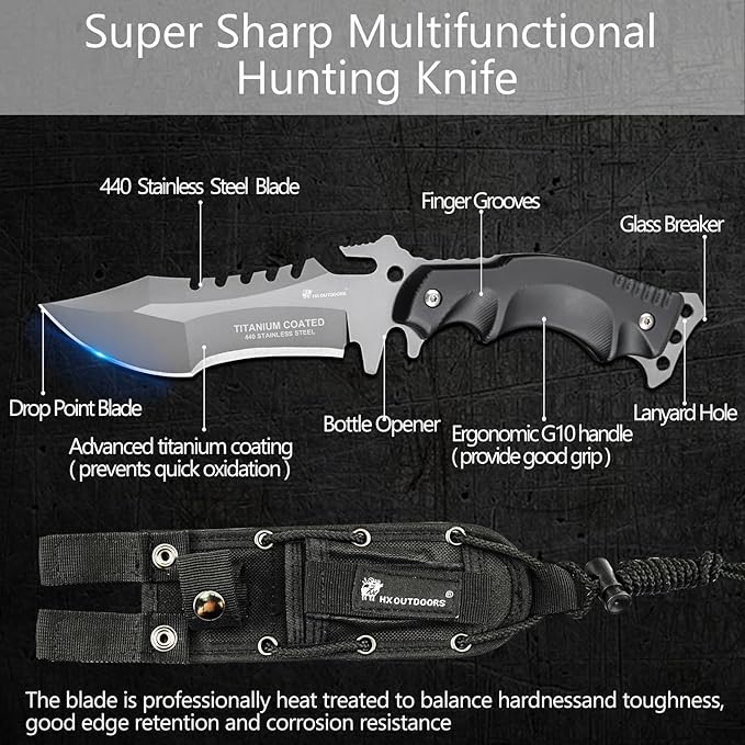 HX OUTDOORS Full Tang Camping Knife, Fixed Blade Survival Knife with Sheath and Handle for Outdoor, EDC, Hunting