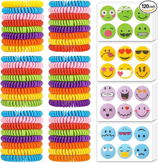 48Pack Mosquito Bracelets Bulk with 72 Pack Smile Mosquito Patches for Kids Adults, Waterproof Adjustbale Mosquito Bracelets for Outdoor and Indoor, DEET Free Citronella Mosquito Wristband
