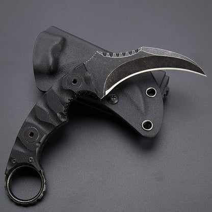 1911K Tactical Knife Fixed Blade Teeth Knife D2 curved Blade & G10 Handle for Outdoor Survival, Camping, Bushcraft and Hunting, with Sheath (Stonewashed, 180)