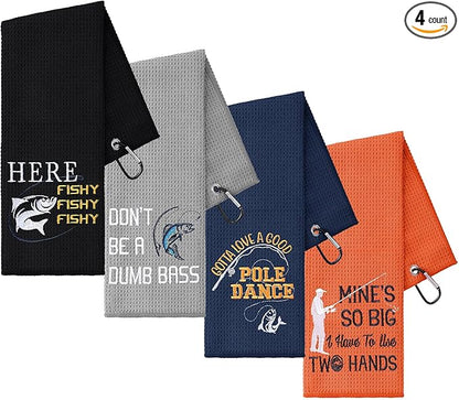 4 Pcs Microfiber Fishing Towels with Clip Waffle Pattern Bait Towels for Effective Cleaning of Fishing Gears or Dirty Hands 16''x24'' Funny Embroidered Towel for Fly Fishing Kayaking Hiking
