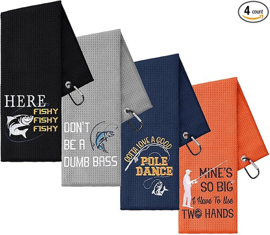 4 Pcs Microfiber Fishing Towels with Clip Waffle Pattern Bait Towels for Effective Cleaning of Fishing Gears or Dirty Hands 16''x24'' Funny Embroidered Towel for Fly Fishing Kayaking Hiking