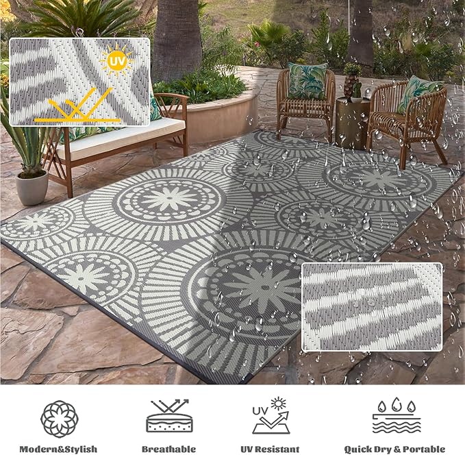 Ileading Reversible Plastic Outdoor Rug Modern Geometric Style Patio Straw Mat Waterproof Deck Carpets Non Shedding Portable Area Rugs for RV Beach Backyard Outside Pool Picnic Camping(6'x9'Grey)