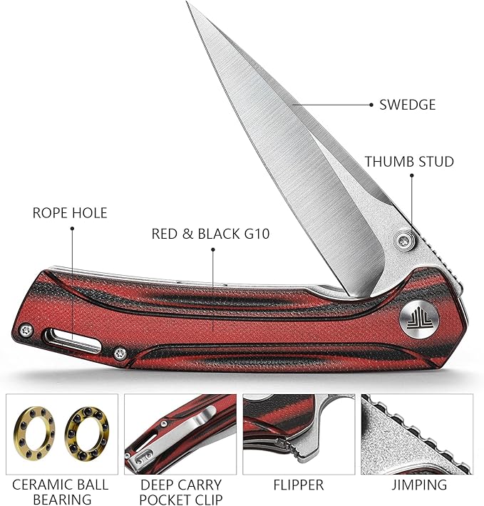 154CM Pocket Knife,3.26in Thumb Stud Satin 154CM Blade,Red and Black G10 Handle with Deep Carry Clip,Folding EDC Knives for Men Camping Fishing,Volans-03RB