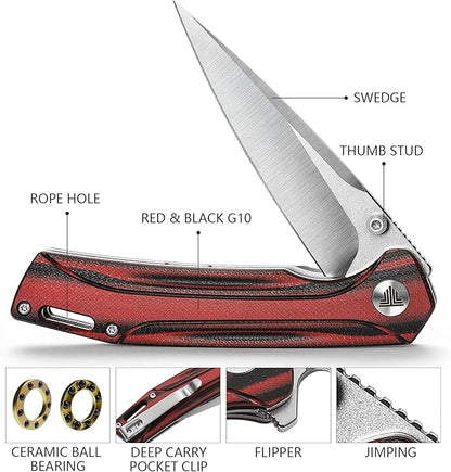 154CM Pocket Knife,3.26in Thumb Stud Satin 154CM Blade,Red and Black G10 Handle with Deep Carry Clip,Folding EDC Knives for Men Camping Fishing,Volans-03RB
