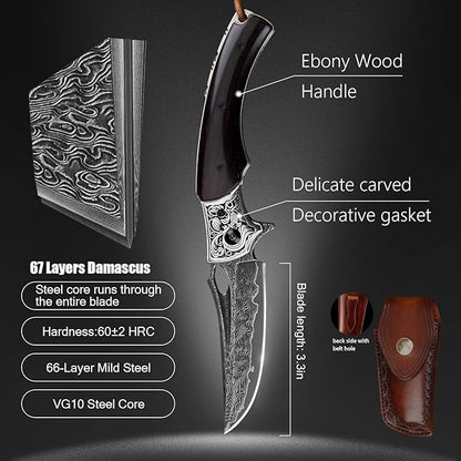 3.5in handmade japanese vg10 damascus steel blade folding pocket knife for men and women,leather sheath,ebony wood handle,liner lock,edc outdoor knives for camping