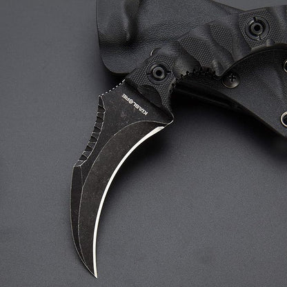 1911K Tactical Knife Fixed Blade Teeth Knife D2 curved Blade & G10 Handle for Outdoor Survival, Camping, Bushcraft and Hunting, with Sheath (Stonewashed, 180)