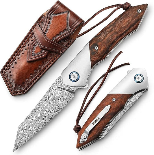 3.5" Damascus EDC Folding Pocket Knife with Clip for Men, Handmade Leather Sheath for Belt，Steel Bolster & Ironwood Handle,Ball Bearings Pivot,Everyday Carry Outdoor,Vul-01