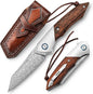 3.5" Damascus EDC Folding Pocket Knife with Clip for Men, Handmade Leather Sheath for Belt，Steel Bolster & Ironwood Handle,Ball Bearings Pivot,Everyday Carry Outdoor,Vul-01