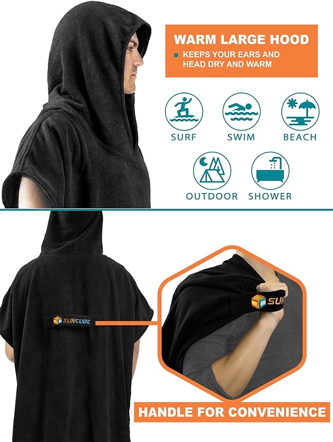 SUN CUBE Surf Poncho Changing Robe with Hood | Quick Dry Microfiber Wetsuit Changing Towel with Pocket for Surfing Men Women