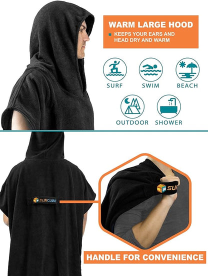 SUN CUBE Surf Poncho Changing Robe with Hood | Quick Dry Microfiber Wetsuit Changing Towel with Pocket for Surfing Men Women