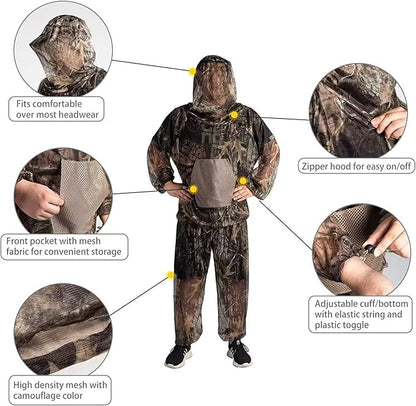 Mosquito Net Suit Camo Hunting Mesh Suit Bug Net Clothing with Hood Outdoor Protection No-See-Ums Garden Camping