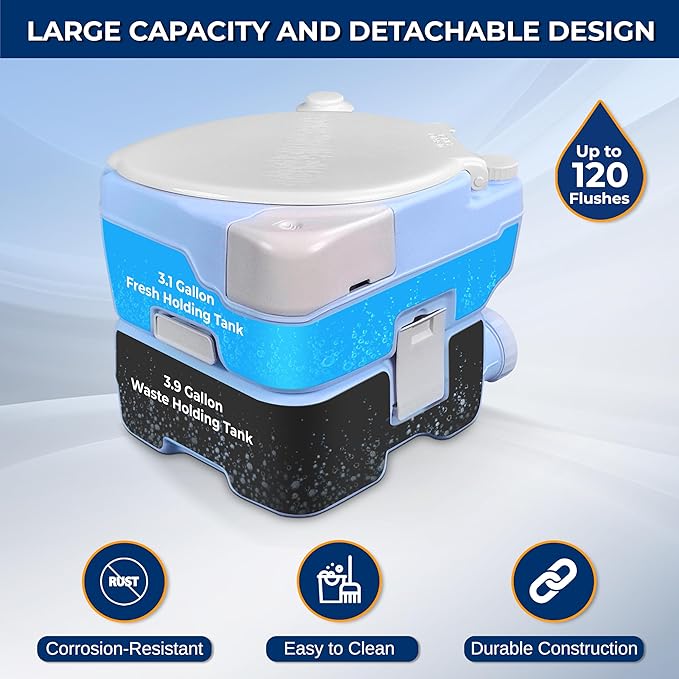 SereneLife 15L Portable Camping Toilet, 120 Flushes, Leak-Proof, Made From Durable PE Material, Detachable Waste Tank with Hand Sprayer and Phone Holder, Ideal for On-the-Go Recreational Activities