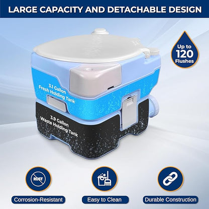 SereneLife 15L Portable Camping Toilet, 120 Flushes, Leak-Proof, Made From Durable PE Material, Detachable Waste Tank with Hand Sprayer and Phone Holder, Ideal for On-the-Go Recreational Activities