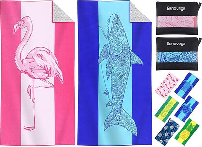 2 Packs Microfiber Oversized Lightweight Thin Beach Towel Compact Sandproof Quick Dry Clearance Towels Extra Large Sand Free Pool Travel Essentials Accessories Women Men Adults Gifts Shark Flamingo