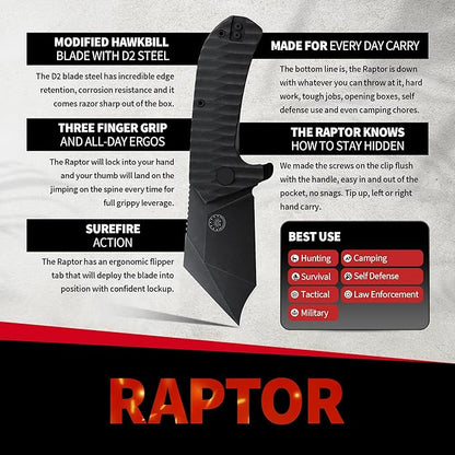 Off-Grid Knives - Raptor EDC Folding Knife with Tumbled Black D2 Steel, Grippy G10, Bearings, Deep Carry Left & Right, Hawkbill Tip, Stout Everyday Carry