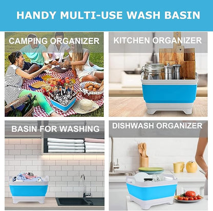 Dishpan for Washing Dishes,9L Collapsible Dish Tub Portable Sink,Wash Dish Basin,Foldable Laundry Tub,Washing Basin with Drain Plug,Dishpan for Kitchen Sink,Camping Dish Washing Tub,Blue
