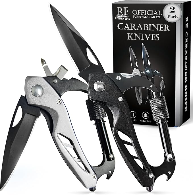 2-Pack Outdoor Carabiner Multitool, Carabiner Knife, EDC Pocket Knife Survival Gear with Glass Breaker