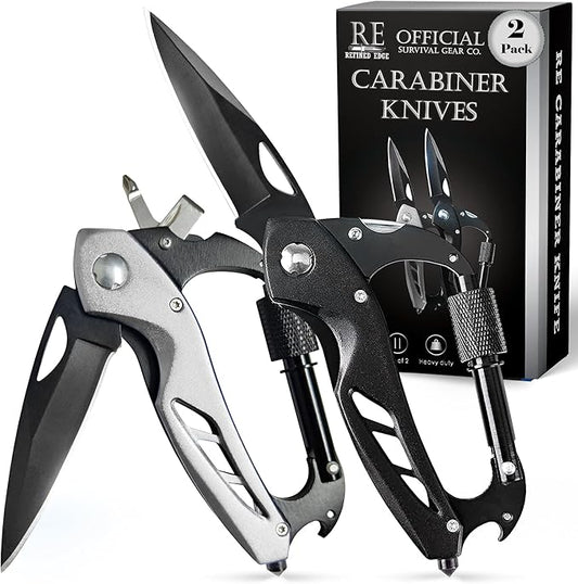2-Pack Outdoor Carabiner Multitool, Carabiner Knife, EDC Pocket Knife Survival Gear with Glass Breaker