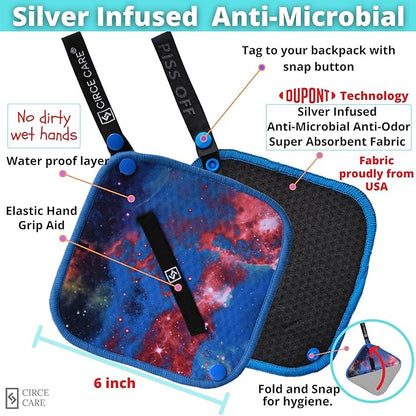 Pee Cloth:Silver Infused Pee rag for Women who Pee Outdoors, Reusable Absorbent Wipes, Eco alt. to Toilet Paper, Female Urination Solution for Camping, Hiking (2pc Combi- Black+Blue Galaxy)