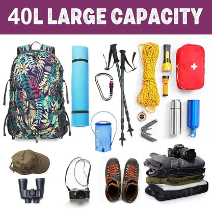 40L Lightweight Hiking Backpack Travel Packable Daypack for Women and Men, Purple Leaf