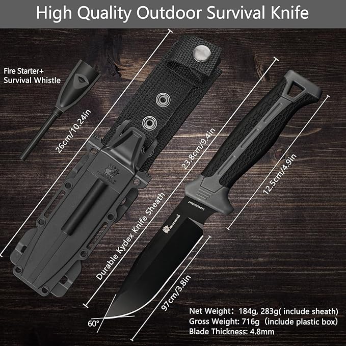 HX OUTDOORS Extra Sharp Bushcraft Knife with Fire Starter, Premium D2 Steel Fixed Blade Survival Camping Knife with Plastic Sheath for Outdoor, Hiking, Backpacking(Black)