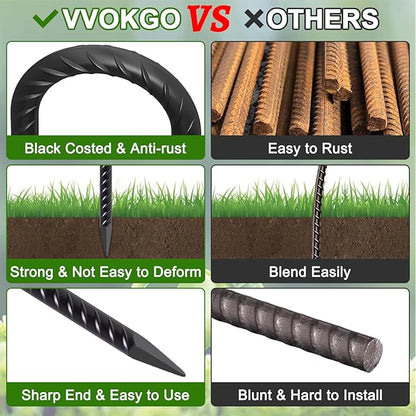 VVOKGO Rebar Stakes 12 Inch Heavy Duty J Hook 8 Pack, Galvanized Garden Tent Ground Stakes Steel Point End,Chain Link Fence Stakes for Dogs Digging Wire Fencing,Trampoline Stakes with Chisel,Black
