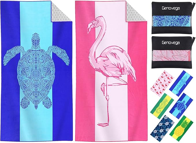 2 Packs Microfiber Oversized Lightweight Thin Beach Towel Compact Sandproof Quick Dry Clearance Towels Extra Large Sand Free Pool Travel Essentials Accessories Women Men Adults Gifts Turtle Flamingo