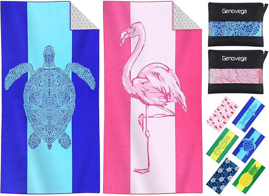 2 Packs Microfiber Oversized Lightweight Thin Beach Towel Compact Sandproof Quick Dry Clearance Towels Extra Large Sand Free Pool Travel Essentials Accessories Women Men Adults Gifts Turtle Flamingo