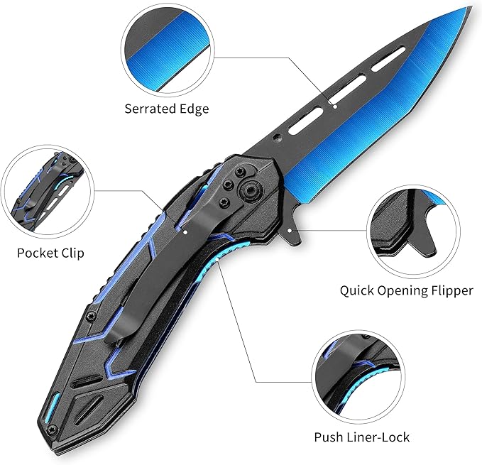 3.3" Pocket Knife, Folding Knife, 8Cr15MoV Stainless Steels Blade, Aluminum Alloy Handle, Blue Devil Design, 2024 Outdoor Gadget Gift