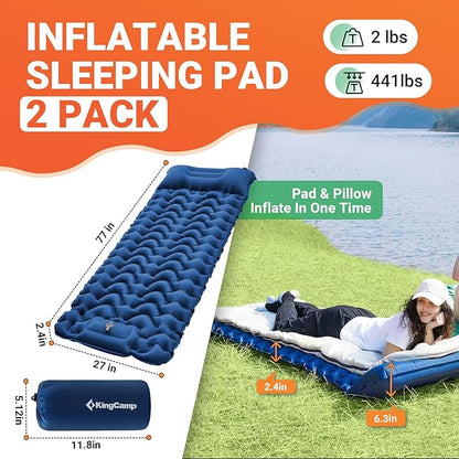 KingCamp Self Inflating Camping Mattress with Built-in Foot Pump, Connectable Durable Inflatable Sleeping Mat with Pillow, Compact Camping Air Mattress for Hiking