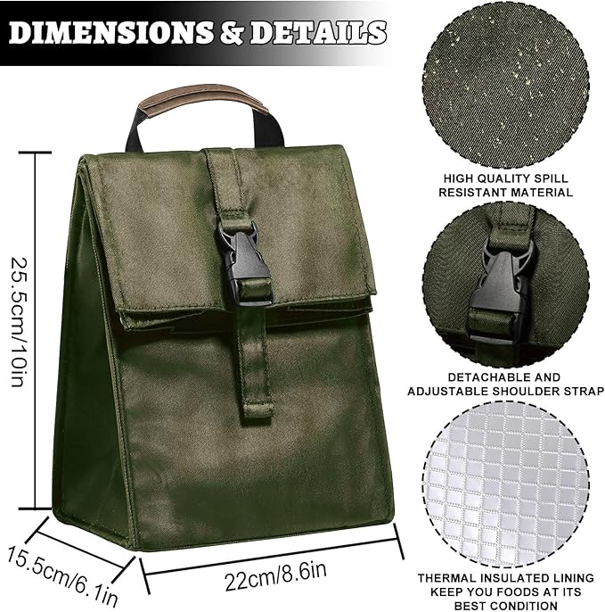 Insulated Foldable Lunch Bag- Lightweight Portable with Adjustable Shoulder Strap Lunch Box for Men, Women, Office, Work, Picnic, Hiking and Beach (Army Green(Soft Fabric))