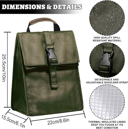 Insulated Foldable Lunch Bag- Lightweight Portable with Adjustable Shoulder Strap Lunch Box for Men, Women, Office, Work, Picnic, Hiking and Beach (Army Green(Soft Fabric))