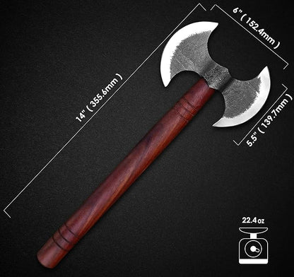 14 inch Custom Handmade Carbon Steel Viking Double Head Axe - Camping, Hatchet, Survival, Hunting, Outdoor, Throwing, Bushcraft, Tomahawk, Estwing, Tactical Double Head Axe with Sheath