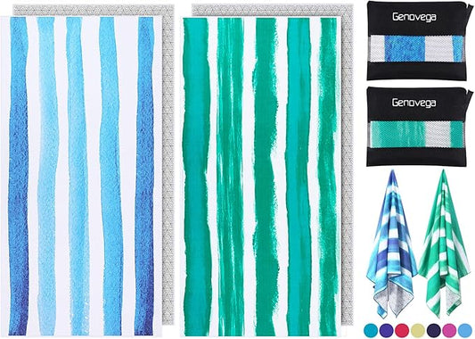 2 Pack Microfiber Oversized Beach Towel Lightweight Thin Sandproof Compact Quick Dry Clearance Towels Extra Large Sand Free Pool Travel Beach Essentials Accessories Women Adult Gift Bule Green Stripe