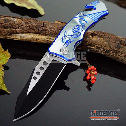 KCCEDGE BEST CUTLERY SOURCE EDC Pocket Knife Camping Accessories Razor Sharp Edge Drop Point Blade Folding Knife Camping Gear Survival Kit 58595 (Blue)