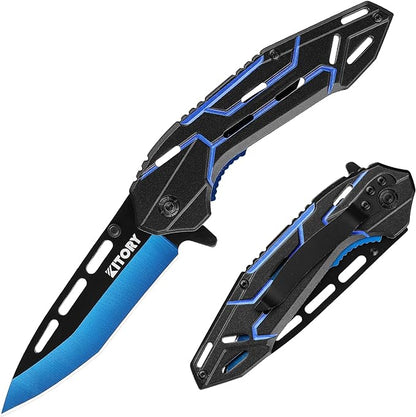 3.3" Pocket Knife, Folding Knife, 8Cr15MoV Stainless Steels Blade, Aluminum Alloy Handle, Blue Devil Design, 2024 Outdoor Gadget Gift